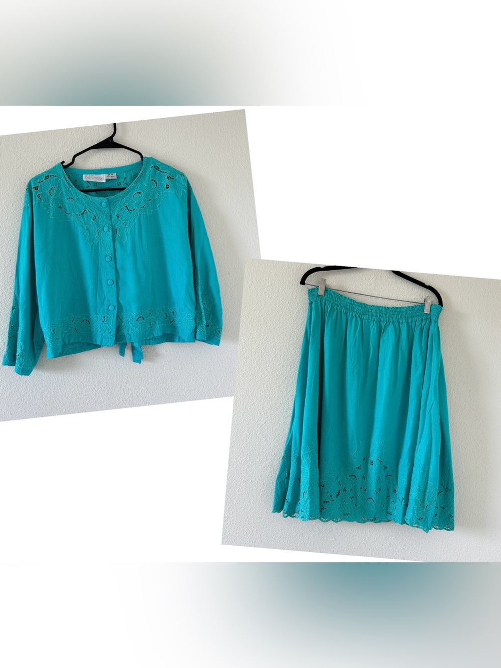 VTG Bali Emerald Embroidered Eyelet Skirt Crop Top Set Women’s OS Turquoise